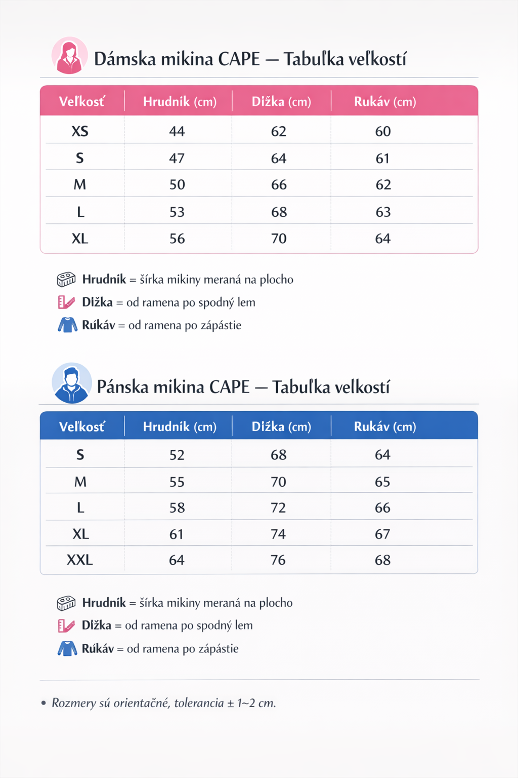 tabulka velkosti mikiny cape